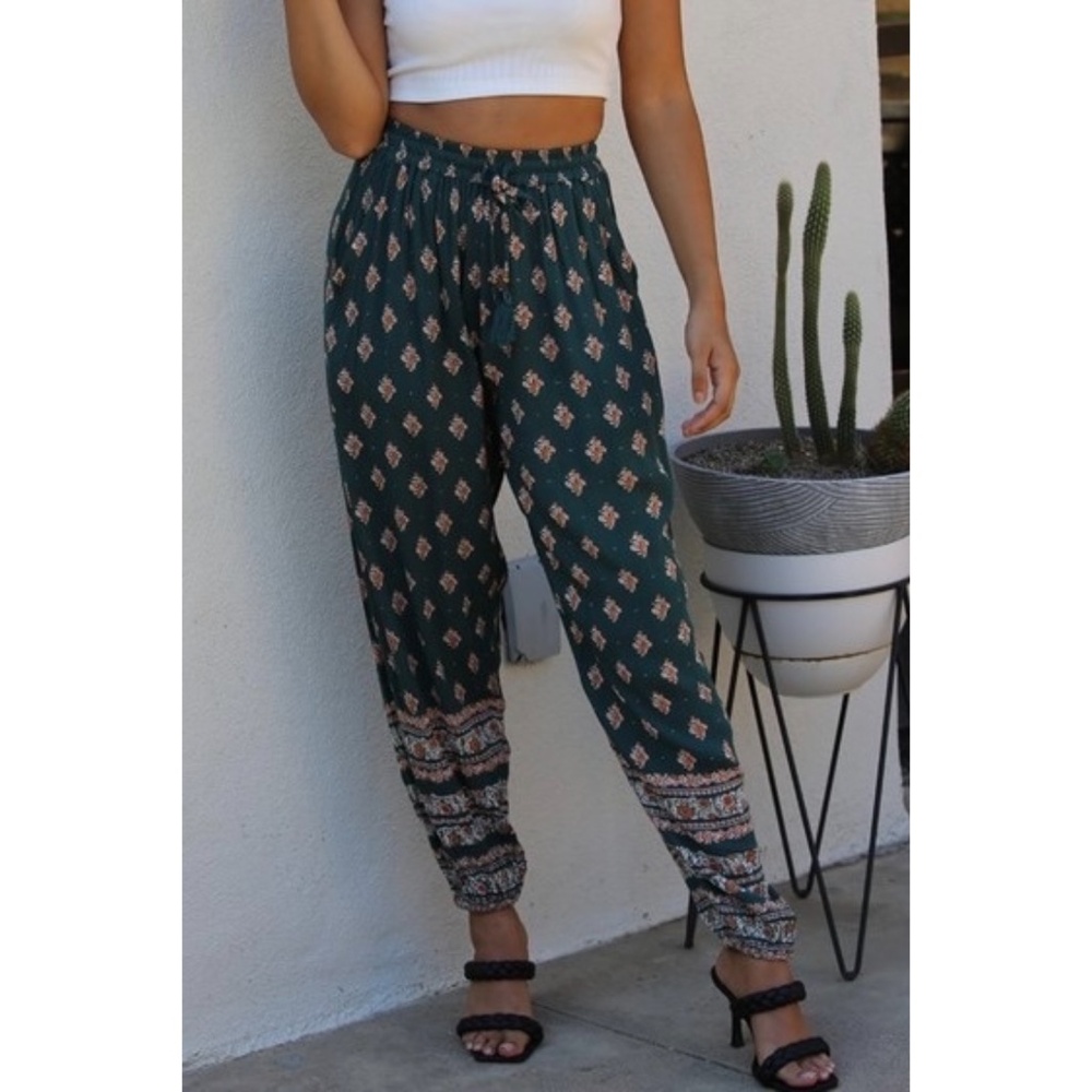 ANGIE Dark Green Boho Print Joggers